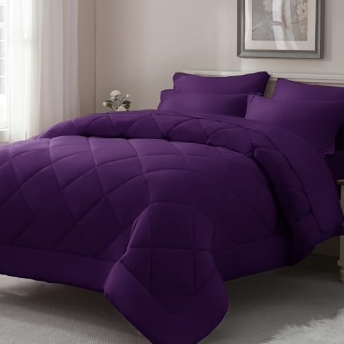 ELNIDO QUEEN Purple Comforter Set Queen - 7 Pieces Bed in a Bag Queen Size Bed Set for All Seasons Ultra Soft Bedding Sets with Comforter Flat Sheet Fitted Sheet Pillowcases and Pillow Shams