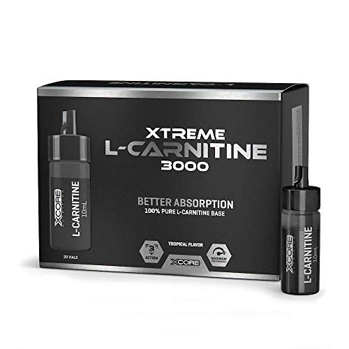 Xcore Xtreme L-Carnitine 3000mg 20 vials Fruits Tropicaux Complément dacides aminés de haute qualité au goût citron pour la perte de poids, le mental et plus dénergie