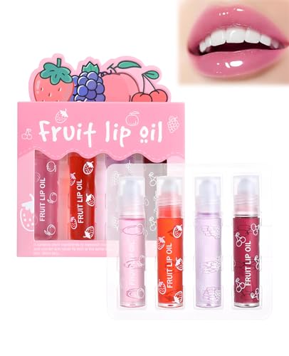 FunnAura 4 Pcs Kids lip Gloss Set Roll On Glossy Lip Oil Set Fruity Flavors Moisturizing and Long Lasting for Women & Girl Lip Care