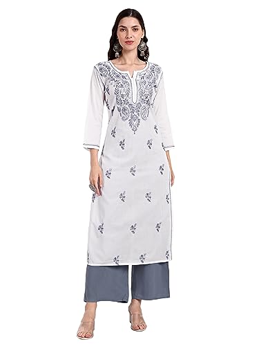 Image of Seva Chikan Hand Embroidered Lucknowi Chikankari Regular Straight Cotton Kurta Kurti for Women SCL4243