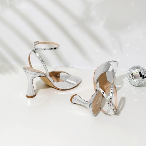 Image of Susanny High Heels for Women Pointed Open Toe Strappy Chunky Block Heels Ankle Strap Stiletto Kitten Heeled Sandals Wedding Bridal Party Prom Sexy Dress Shoes