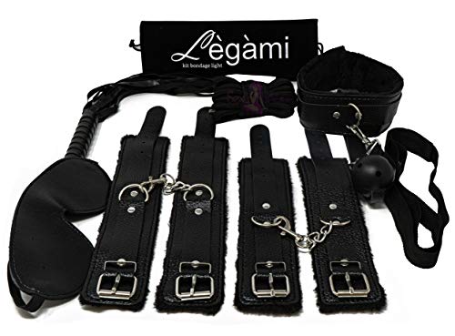 Italian Sexy Shop® Kit 8 Pezzi con Manette per Polsi e Caviglie Corda Abbigliamento Donna Maschera (nero1)