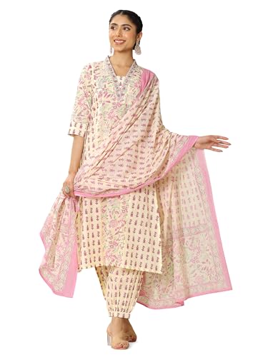 Image of Libas Printed Cotton A-Line Kurta With Salwar and Dupatta