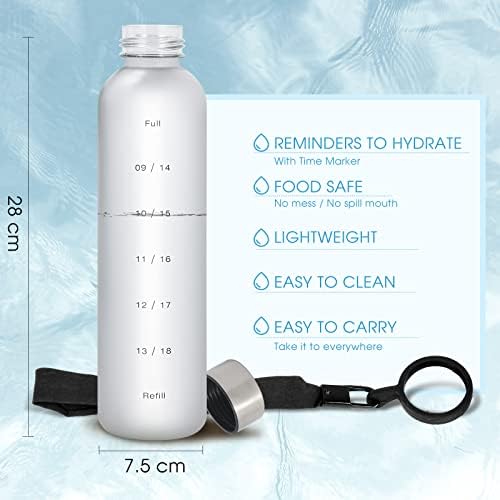 Jesew 1Litre Water Bottle BPA Free Material,Leak Proof 1L Drinking Bottle with Time markings,1000ml Water Jug Meet Your Drinking Water Needs Throughout The Day for Gym, School, Cycling (White)