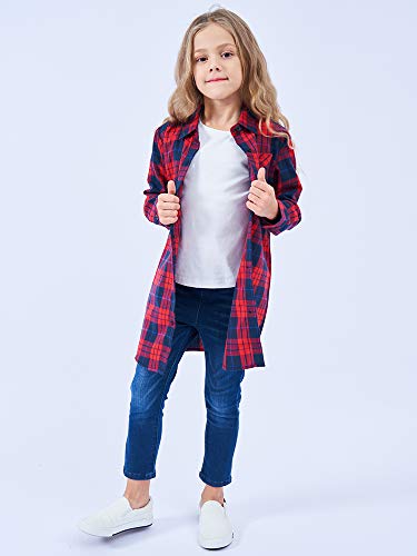 Image of OCHENTA Girls Flannel Shirt Dress 100% Cotton Plaid Button Down Buffalo Check Long Sleeve Kids School Outfits (3-12Y)