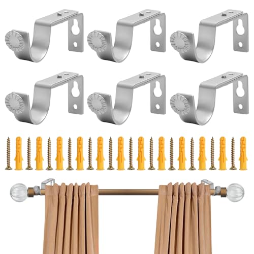 6 Pcs Curtain Pole Brackets Heavy Duty Adjustable Curtain Brackets for Poles Curtain Rod Holder with Screws Rust Resistant Wall Rod for Bedroom Office Bathrooms Silver