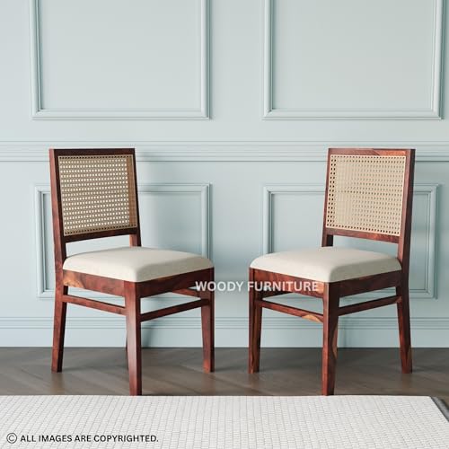 Image of WOODY Furniture Solid Sheesham Wood Dining Table 6 Seater Set | Rattan Six Seater Dinning Table with 6 Cushioned Chairs for Home | Wooden Kitchen Dinner Table 6 Seater| (Honey Finish)