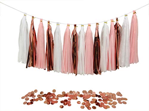 zorpia Tissue Paper Tassels Party Garland, 15pcs Rose Gold Foil Pink White Tassel 10g Rose Gold Confetti Gift for Wedding Valentine's Day Bridal Shower Baby Shower Birthday Party Decorations