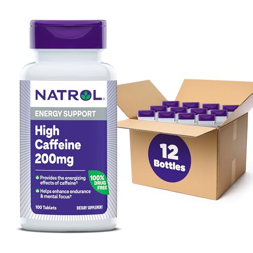 Image of Natrol High Caffeine Tablets, Energy Support, Helps Enhance Endurance and Mental Focus, Caffeine Supplement, Fatigue, Pre-Workout, Extra Strength, 200mg, 100 Count (Pack of 12)