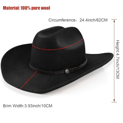 Image of 100% Wool Western Cowboy Hat for Men Women Classic Fedora Hat Felt Cowgirls Hats with Two Decorative Bands