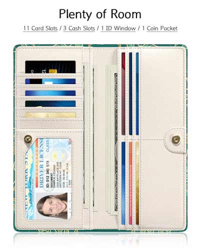 Image of Nipichsha Womens Wallet, RFID Slim Wallets for Women, Thin Ladies Credit Card Holder Purse, Cute Leather Bifold Clutch Billfold with 11 Card Slots & ID Window, Luxury Green Leaf