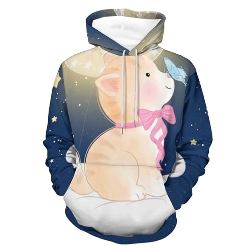 Sweats à Capuche imprimé Chat Étoilé et Papillon, coupe manches longues S