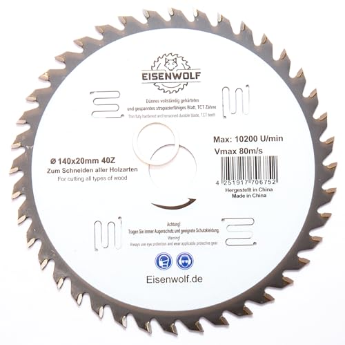 Hoja de sierra circular de 140 x 20 mm para madera con 40 dientes TCT inclinados y cortes láser para reducción de ruido