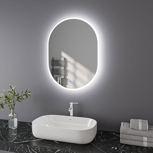 Finmrys Espejo de baño ovalado con luces LED, 600 x 900 mm, espejo de baño iluminado con antivaho regulable, luz de 3 colores, función de memoria horizontal/vertical (23.62 x 35.43 pulgadas)