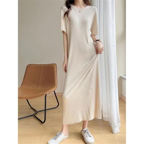 Women's Spring and Summer Solid Color Half Sleeves Round Neck Wool Knitted Long Skirt4