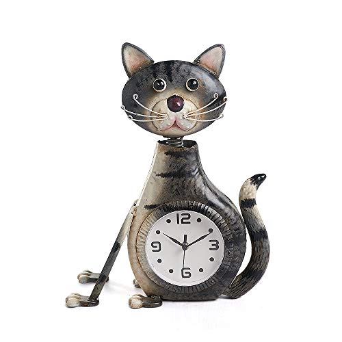 chisheen Desk Clock Metal Cute Cat Home Décor with Changeable Light for Office/House/Bedroom