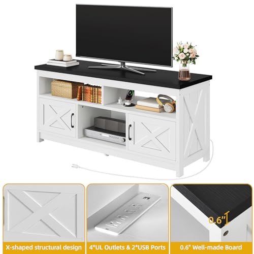 DWVO Farmhouse TV Stand for Television up to 65 Inch, Entertainment Center with Power Outlets and Open Shelf, Rustic TV Cabinet Media Console Table for Living Room, White/Black, 59 Inches