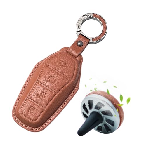 Image of Keyzone Premium Leather Key Cover & AC Vent Car Perfume Combo (4 Fragrances) | Compatible for BYD Seal, Atto3 4 Button Smart Key. (Brown)