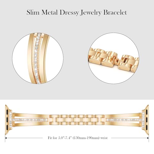 Image of AIRSPO Slim Gold Band Compatible with Apple Watch 42 /44 /45 /46mm Women Thin Metal Strap Dressy Jewelry Bracelet with Bling Diamond for iWatch Series 10-3 /SE (Gold, 42 /44 /45mm)