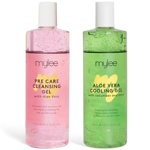 MYLEE Kit de cuidado pre y después con gel de aloe vera (2 x 500 ml), gel refrescante calmante pre después de la depilación, limpiador de piel para todo tipo de piel