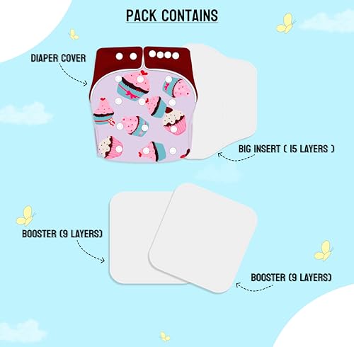 Image of Ambaby Cloth Diapers Pants Quick Dry Comfort GOTS Certified Free Size Button Adjustable, Washable And Reusable Multilayered Cotton Pads And Boosters Cup Cakes Printed