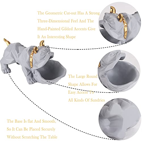 Resin Geometric Bulldog Statue Entryway Cabinet Key Statue Tray Candy Bowls Ornament Geometric Bulldog Craft Suitable For Modern Art Home Decor Dining Table Office Small Object Storage Tray (Grey) #TOP2