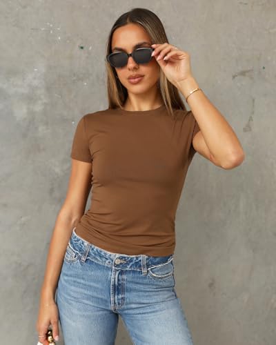 Foto de Abardsion - Camiseta corta para mujer, estilo casual, básica, ajustada, manga corta, cuello redondo (imagen 3)