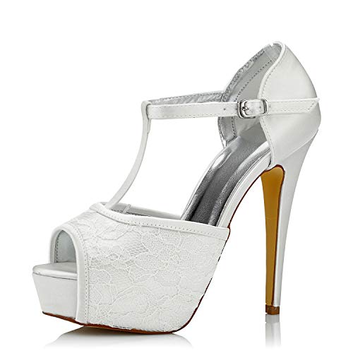 JIAJIA K20128A Women's Bridal Shoes Peep Toe Stiletto High Heel T-bar Dyeable Lace Satin Pumps Wedding Shoes