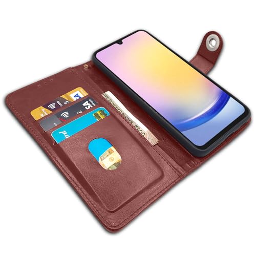 Image of Pikkme Samsung Galaxy A25 5G Flip Cover Leather Finish | Inside TPU with Card Pockets | Wallet Stand and Shock Proof | Magnetic Closing | Complete Protection Button Flip Case (Brown)