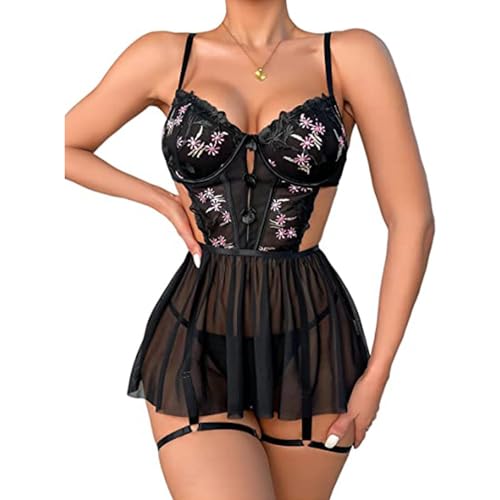RPAEOY-Dessous-Sexy-Damen-Negligee-Dessous-Kleid-Strapsen-Dessous-Set-Nachtkleid-mit-G-String-Reizwaesche-Sleepwear-Spitze-Babydoll-Nachtwaesche