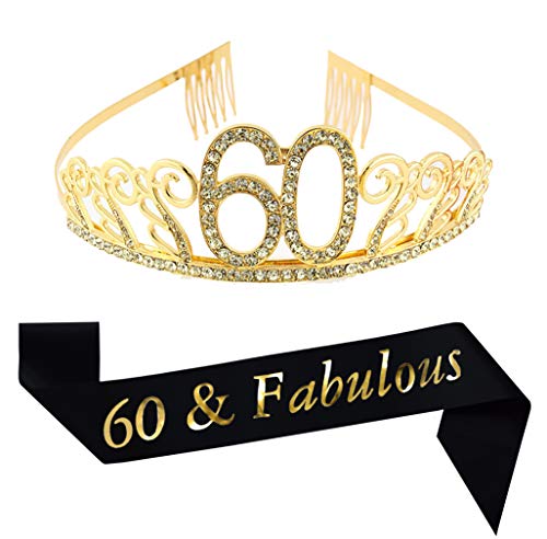 60th Birthday Gold Tiara and Sash, Glitter Satin Sash and Crystal Rhinestone Tiara Birthday Crown for 60th Birthday Party Supplies Favors Decorations 60th Birthday Cake Topper