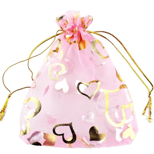 Image of 100 pcs 3.5 x 4.7 Inch Flower Heart Organza Jewelry Gift Pouch Candy Pouch Drawstring Wedding Favor Bags X92 (pink gold heart)