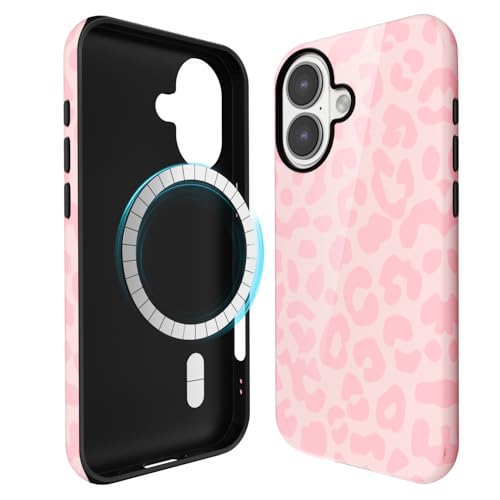 Coque iPhone 16 rose léopard magnétique fine en plastique rigide