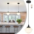 Bagood 8" Milk Glass Pendant Light Black Schoolhouse Light Fixture Schoolhouse Pendant Light Milk Glass Light Fixture Mid Century Modern Ceiling Light for Bedroom Bathroom Kitchen Island (Bulb Incl.)