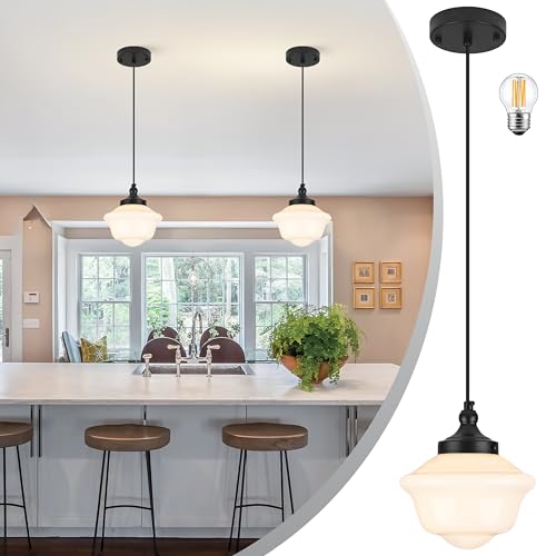 Bagood 8" Milk Glass Pendant Light Black Schoolhouse Light Fixture