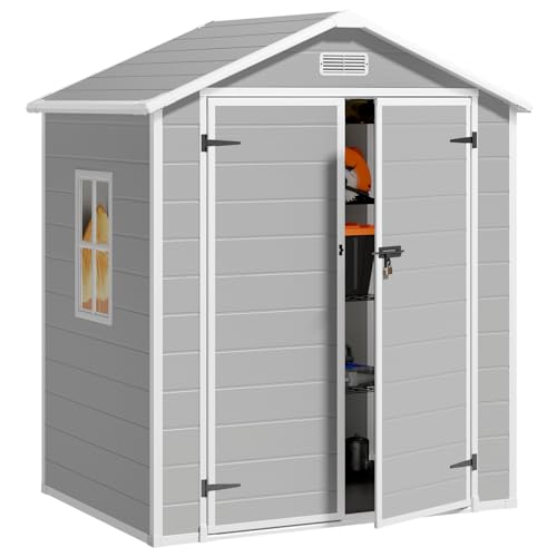 Gizoon 6x4.4 FT Resin Outdoor Storage Shed with Lockable Door for Bikes, Tools, and Garbage, Grey & White