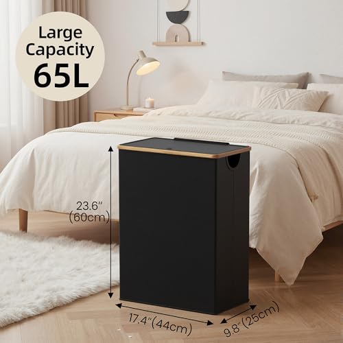 efluky Slim Laundry Basket with Lid, Narrow Laundry Hamper with Removable Bag, Skinny Dirty Clothes Basket with Bamboo Handles for Bathroom, Bedroom & Laundry Room, 65L Black by efluky - Used condition - Image 3