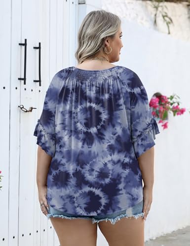 Image of Micoson Womens Plus Size Tops 3 /4 Ruffle Sleeve Crewneck Pleated Shirts