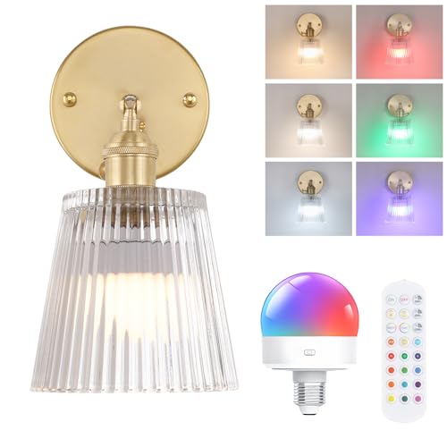 Image of Shenmoyl Vintage Battery Operated Wall Sconce with Transparent Stripe Glass Lampshade Rechargeable Battery Powered Wall Light with Remote Control for Bedside Bedroom Doorway