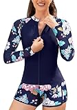 SHEKINI Damen Rash Guard Sets Reißverschluss Langarm Badeanzug Top Swim Shirt Board Shorts Badeanzüge Bademode
