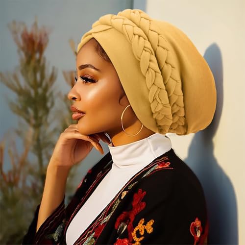 Image of DRESHOW African Women Turban Caps Cotton Beanie Twist Headscarf Pre-Tied Double Twisted Braids Wrap Hat Chemo Cancer Cap