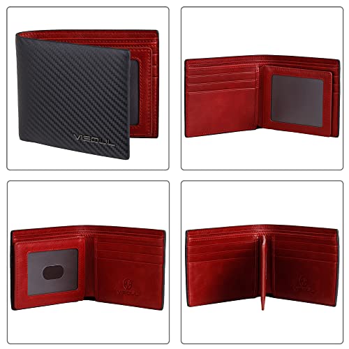 Visoul Mens Rfid Blocking Bifold Leather Wallet With 2 Id Windows, Carbon Fiber Leather Designer Card Holder Wallet With 2 Cash Compartments (Black+Burgundy) #TOP2