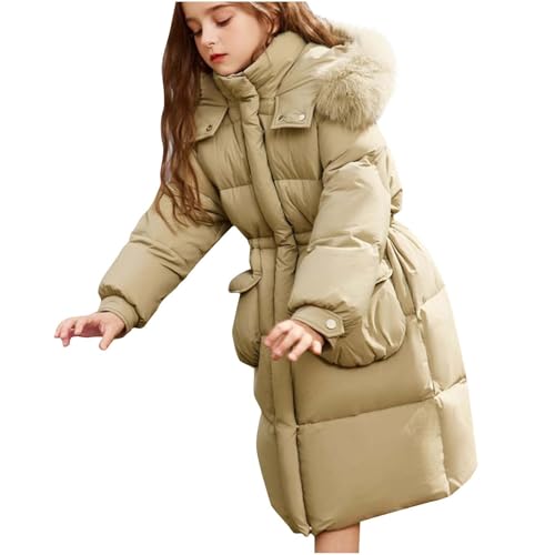 Girls Down Parka Jacket with Fur Hood, Long Hooded Puffer Coat Winter Warm Padded Windbreaker Overcoat 6-16 Years
