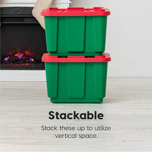Image of IRIS USA 4-Pack 12 Gallon Storage Bins with Lids |Made in USA| Heavy Duty Plastic Tote Containers for Seasonal Organization, Large - Green /Red