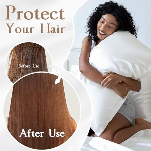 Image of Satin Pillow Covers Set of 2 with 3 Free Random Color Hair Scrunchies - Anti-Frizz, Skin-Friendly, Soft & Durable Pillowcase Set for All Hair Types (White)