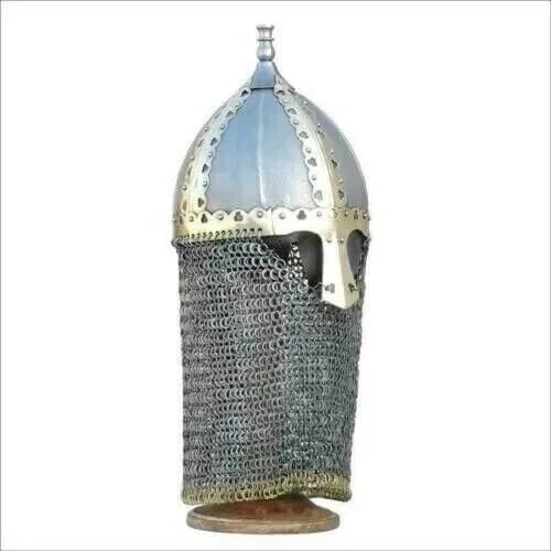 Medieval Viking Knight Helmet with Chain Mail Armor Replica | Steel & Brass Material, Adult Unisex, Reenactment Use, Wipe Clean Care, 9 Inch Diameter
