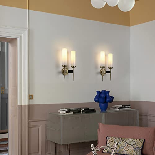 Image of PERMO Vintage Bronze Antique Single Wall Sconce Lighting Fixture with 2.8 inch Cylindrical Clear Glass Shade (1 Head) (2 Heads Milk White Glass Shade)