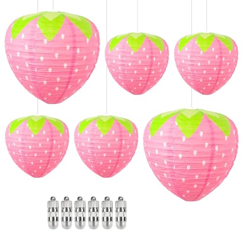 Lanterne en papier avec lumières LED roses : lampion fraise suspendu style kawaii