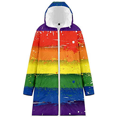 JLTPH Unisex LGBT Winter Lange Warme Steppjacke Regenbogen Love is Love 3D-Farbdruck Zip Langarm Wattierte Jacke mit Kapuze Jacket Sweatshirt Pullover Hoodie Lange Mantel