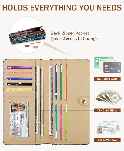 Image of Immaturus Bird Womens Wallet RFID Blocking Slim Thin Credit Card Holder | Long Bifold, 11 Card Slots, Cash Purse, Zipper Coin Pocket, Travel Clutch Billfold, PU Leather, ID Window, Ladies Woman Gift